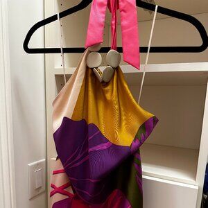 TIBI Floral Printed Embellished Silk Tunic Halter neck Sleeveless Top Size 6